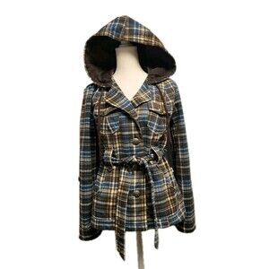 Vintage 90s Y2K Hooded Plaid Pea Coat Womens Medium Self Esteem Grunge Skater